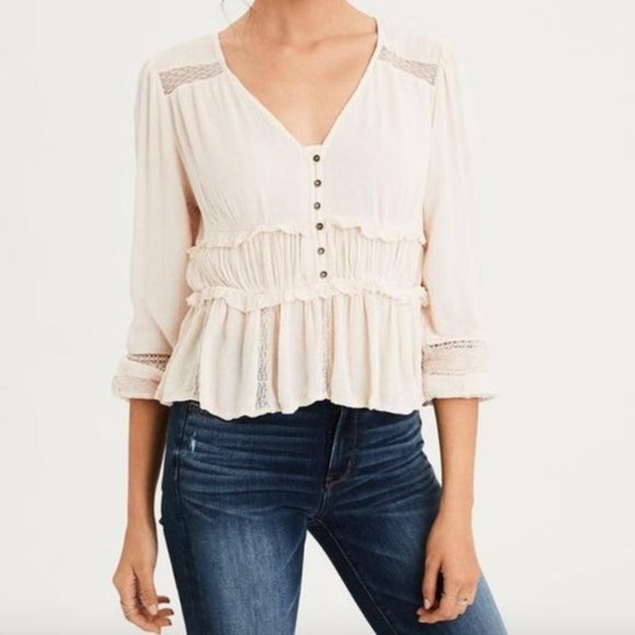 American Eagle Ivory BOHO Lace Peasant Top - Size S - Picture 1 of 10
